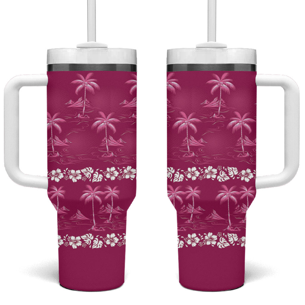Pink Hawaii Palm Tree Hibiscus Tumbler With Handle Fantasy Summer Vibe LT01 One Size: 40 oz Pink - Polynesian Pride