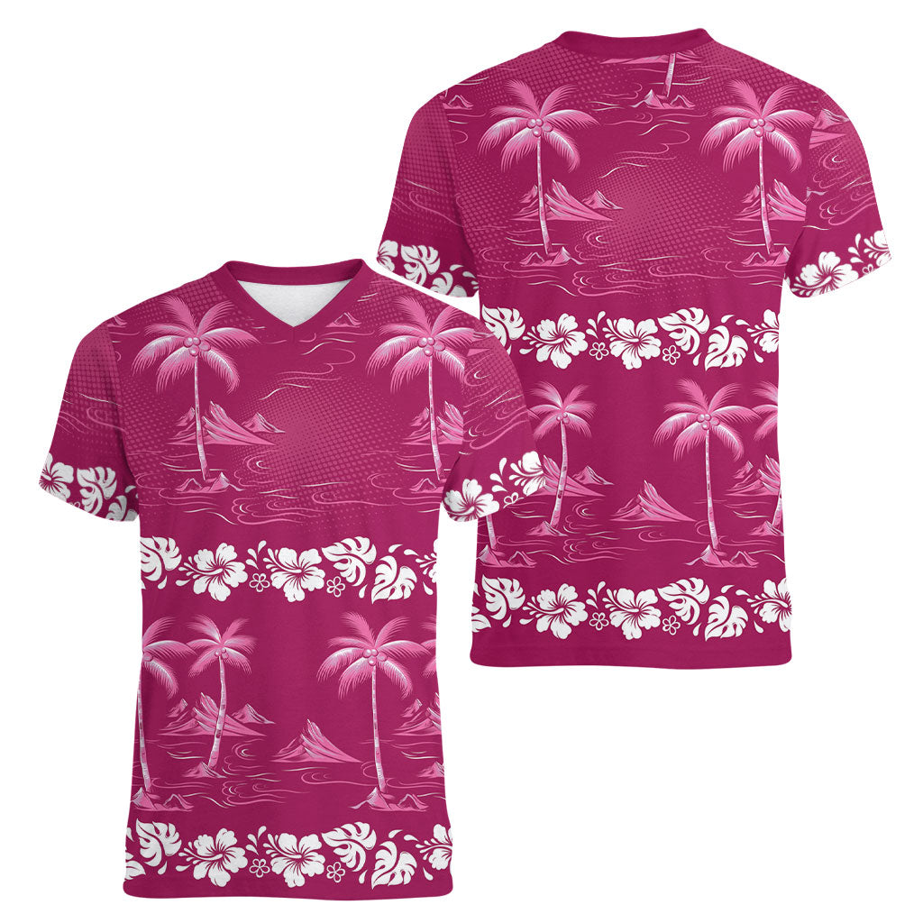 Pink Hawaii Palm Tree Hibiscus Women V-Neck T-Shirt Fantasy Summer Vibe LT01 - Polynesian Pride