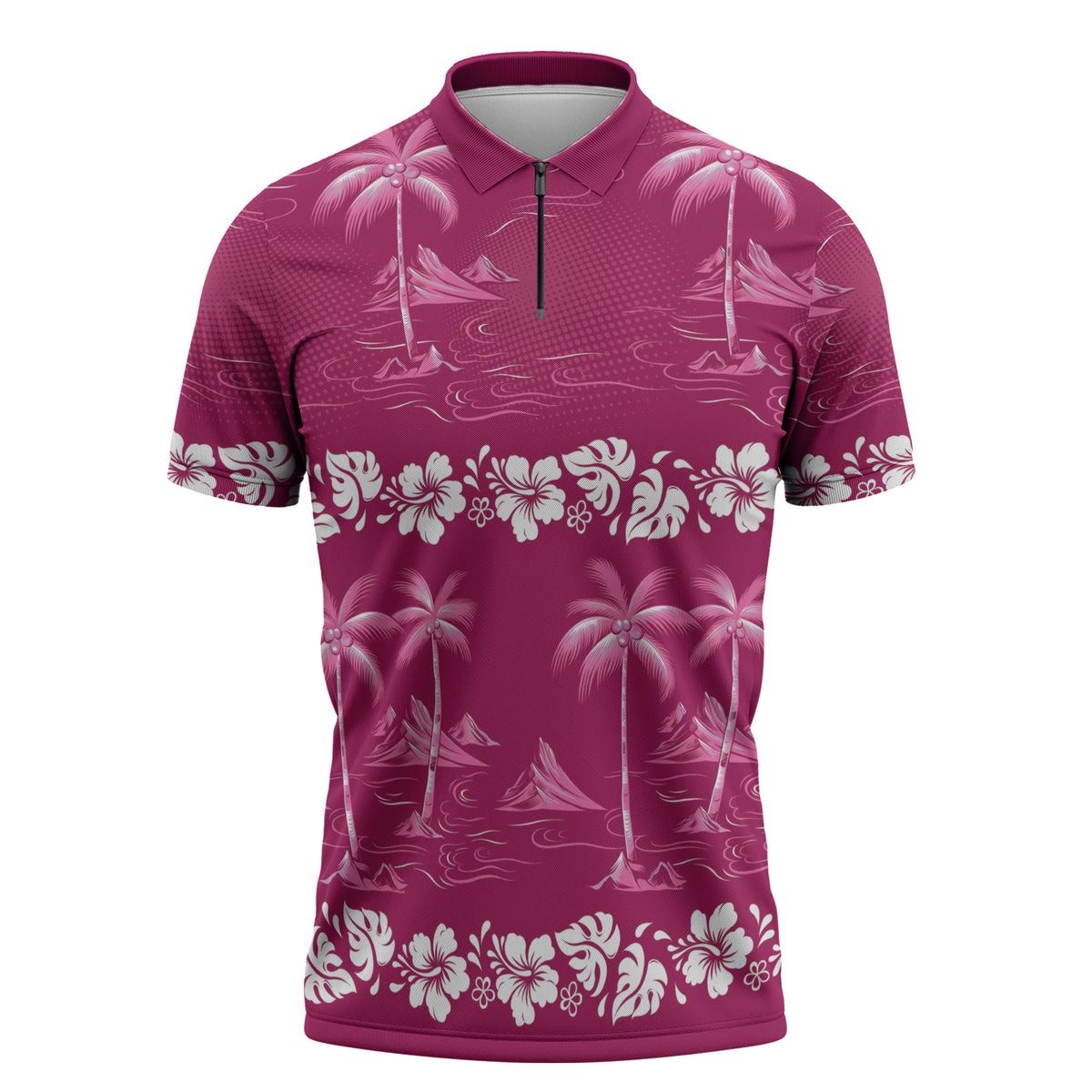 Pink Hawaii Palm Tree Hibiscus Zipper Polo Shirt Fantasy Summer Vibe LT01 Pink - Polynesian Pride