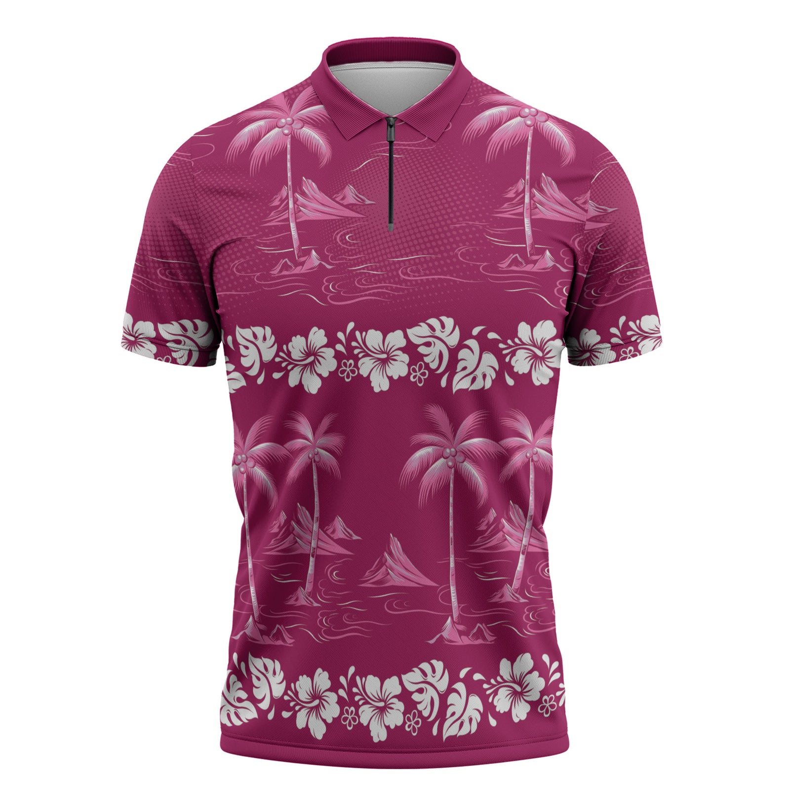Pink Hawaii Palm Tree Hibiscus Zipper Polo Shirt Fantasy Summer Vibe LT01 Pink - Polynesian Pride
