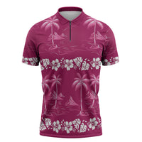 Pink Hawaii Palm Tree Hibiscus Zipper Polo Shirt Fantasy Summer Vibe LT01 Pink - Polynesian Pride