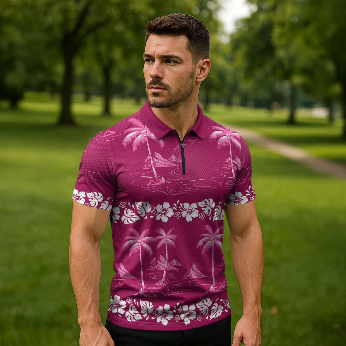 Pink Hawaii Palm Tree Hibiscus Zipper Polo Shirt Fantasy Summer Vibe LT01 - Polynesian Pride