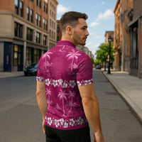 Pink Hawaii Palm Tree Hibiscus Zipper Polo Shirt Fantasy Summer Vibe LT01 - Polynesian Pride
