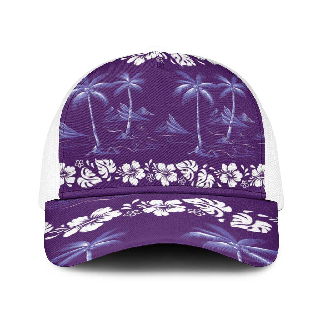 Purple Hawaii Palm Tree Hibiscus Baseball Net Cap Fantasy Summer Vibe LT01 One Size White Purple - Polynesian Pride