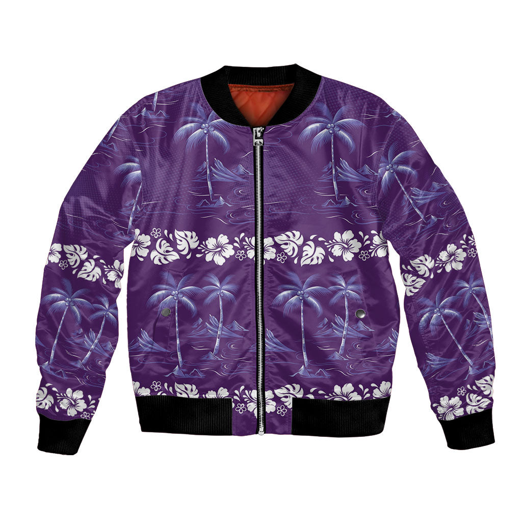 Purple Hawaii Palm Tree Hibiscus Bomber Jacket Fantasy Summer Vibe LT01 Unisex Purple - Polynesian Pride