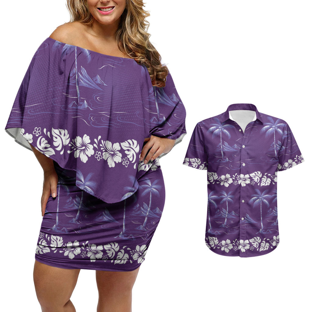 Purple Hawaii Palm Tree Hibiscus Couples Matching Off Shoulder Short Dress and Hawaiian Shirt Fantasy Summer Vibe LT01 Purple - Polynesian Pride