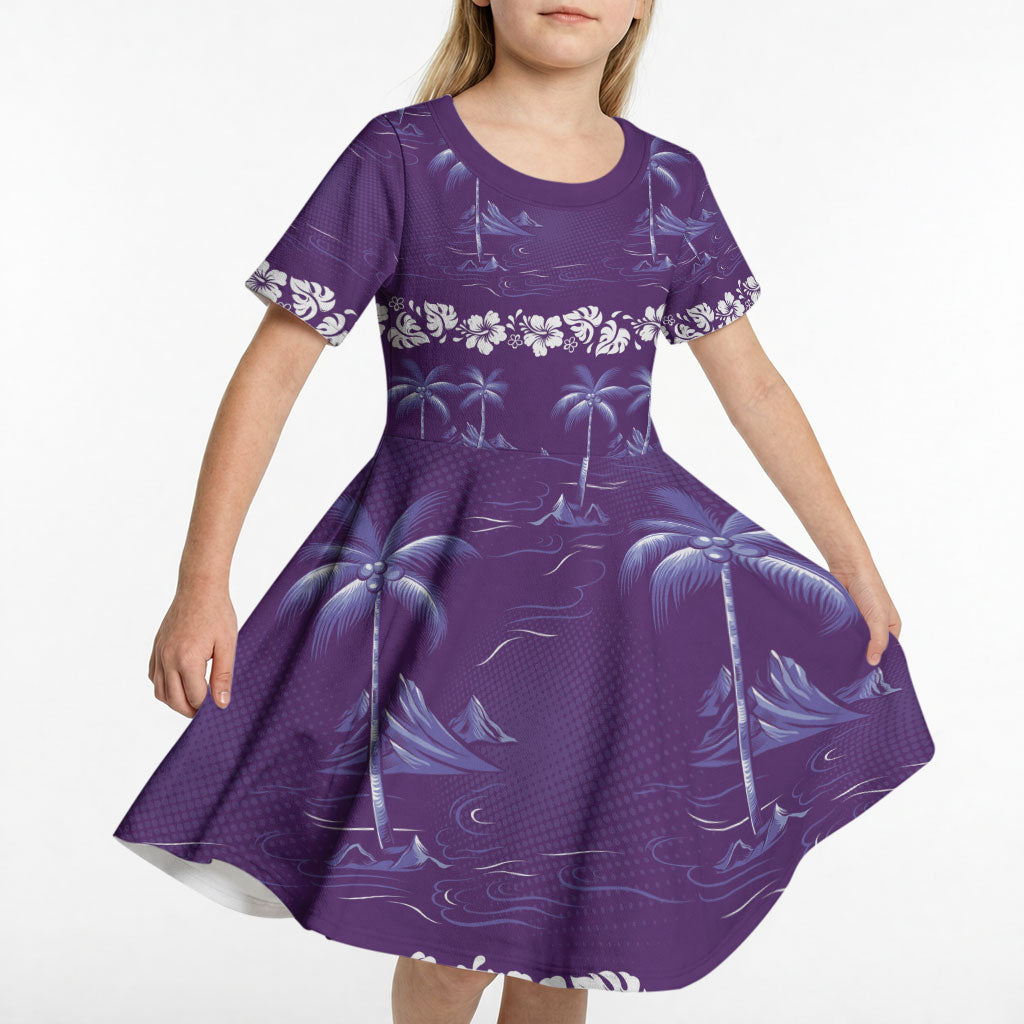 Purple Hawaii Palm Tree Hibiscus Kid Short Sleeve Dress Fantasy Summer Vibe LT01 - Polynesian Pride