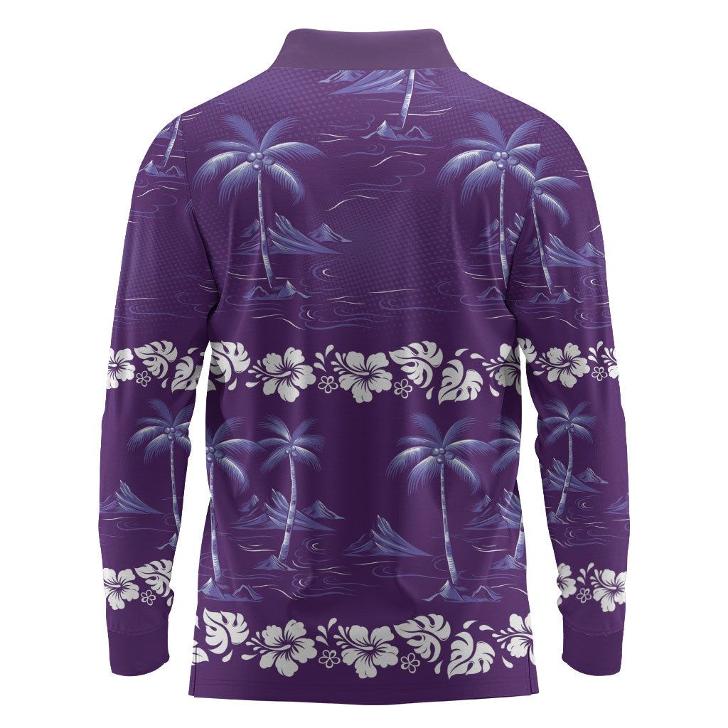 Purple Hawaii Palm Tree Hibiscus Long Sleeve Polo Shirt Fantasy Summer Vibe LT01 - Polynesian Pride