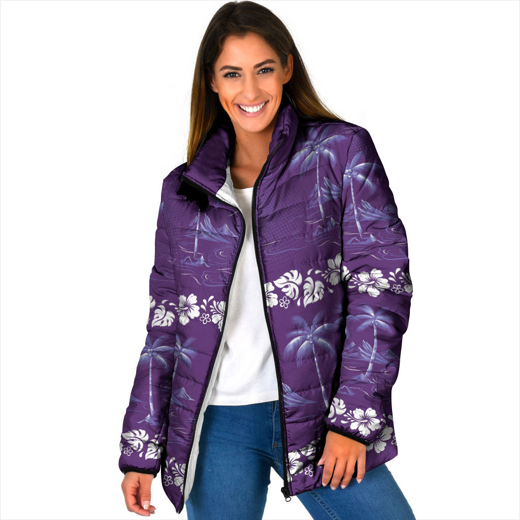 Purple Hawaii Palm Tree Hibiscus Padded Jacket Fantasy Summer Vibe LT01 Women Purple - Polynesian Pride