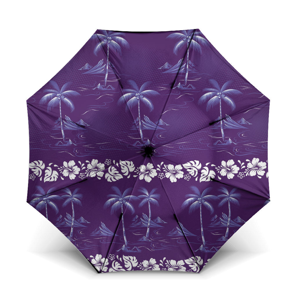 Purple Hawaii Palm Tree Hibiscus Umbrella Fantasy Summer Vibe LT01 One Size Folded 11.42 inch Opened Diameter 37.4 inch Purple - Polynesian Pride