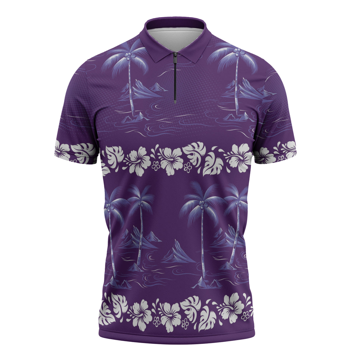 Purple Hawaii Palm Tree Hibiscus Zipper Polo Shirt Fantasy Summer Vibe LT01 Purple - Polynesian Pride
