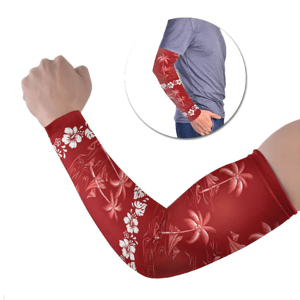 Red Hawaii Palm Tree Hibiscus Arm Sleeves Fantasy Summer Vibe LT01 Set of 2 Red - Polynesian Pride