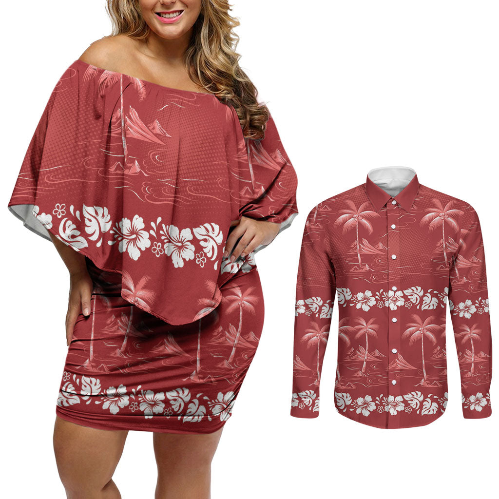 Red Hawaii Palm Tree Hibiscus Couples Matching Off Shoulder Short Dress and Long Sleeve Button Shirt Fantasy Summer Vibe LT01 Red - Polynesian Pride