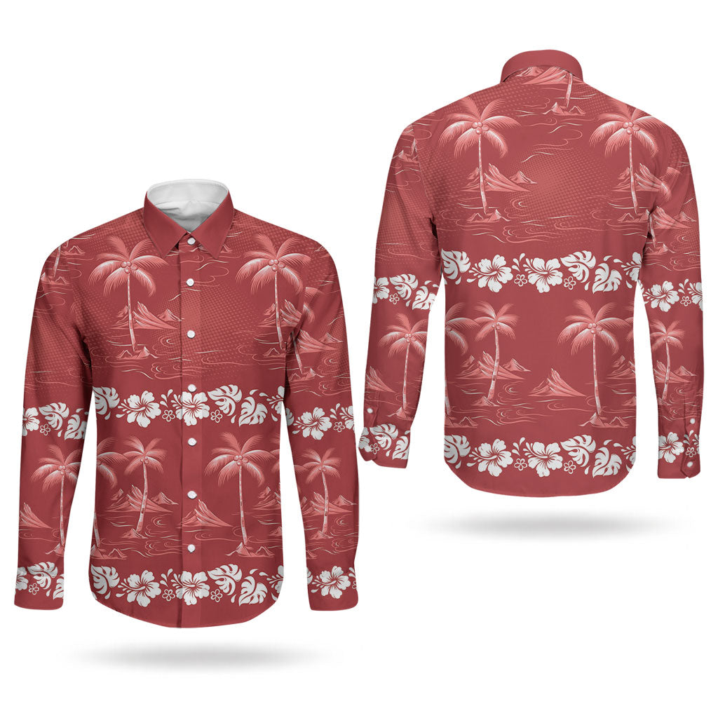 Red Hawaii Palm Tree Hibiscus Couples Matching Summer Maxi Dress and Long Sleeve Button Shirt Fantasy Summer Vibe LT01 - Polynesian Pride