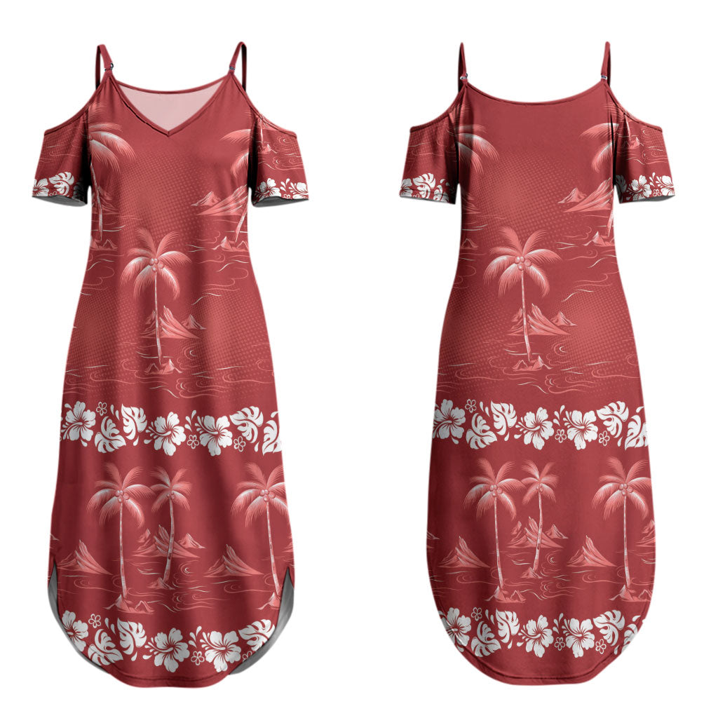 Red Hawaii Palm Tree Hibiscus Couples Matching Summer Maxi Dress and Long Sleeve Button Shirt Fantasy Summer Vibe LT01 - Polynesian Pride