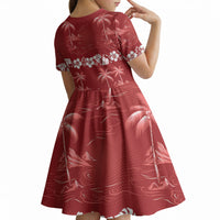 Red Hawaii Palm Tree Hibiscus Kid Short Sleeve Dress Fantasy Summer Vibe LT01 - Polynesian Pride