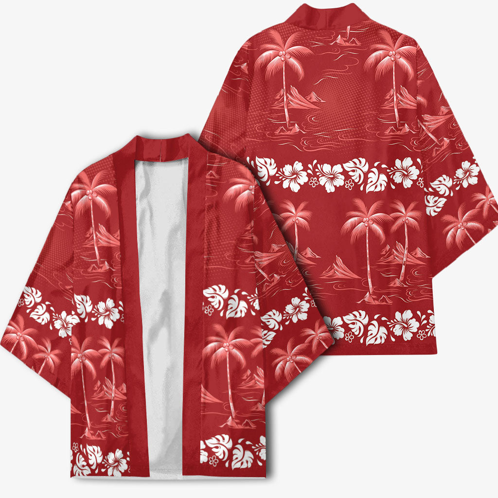 Red Hawaii Palm Tree Hibiscus Kimono Fantasy Summer Vibe LT01 - Polynesian Pride