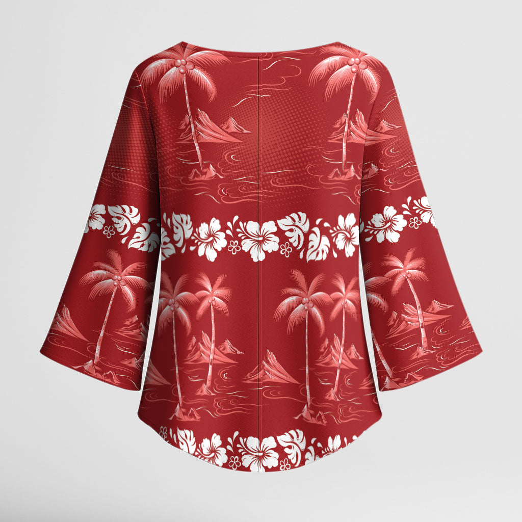Red Hawaii Palm Tree Hibiscus Kimono Sleeve Blouse Fantasy Summer Vibe LT01 - Polynesian Pride