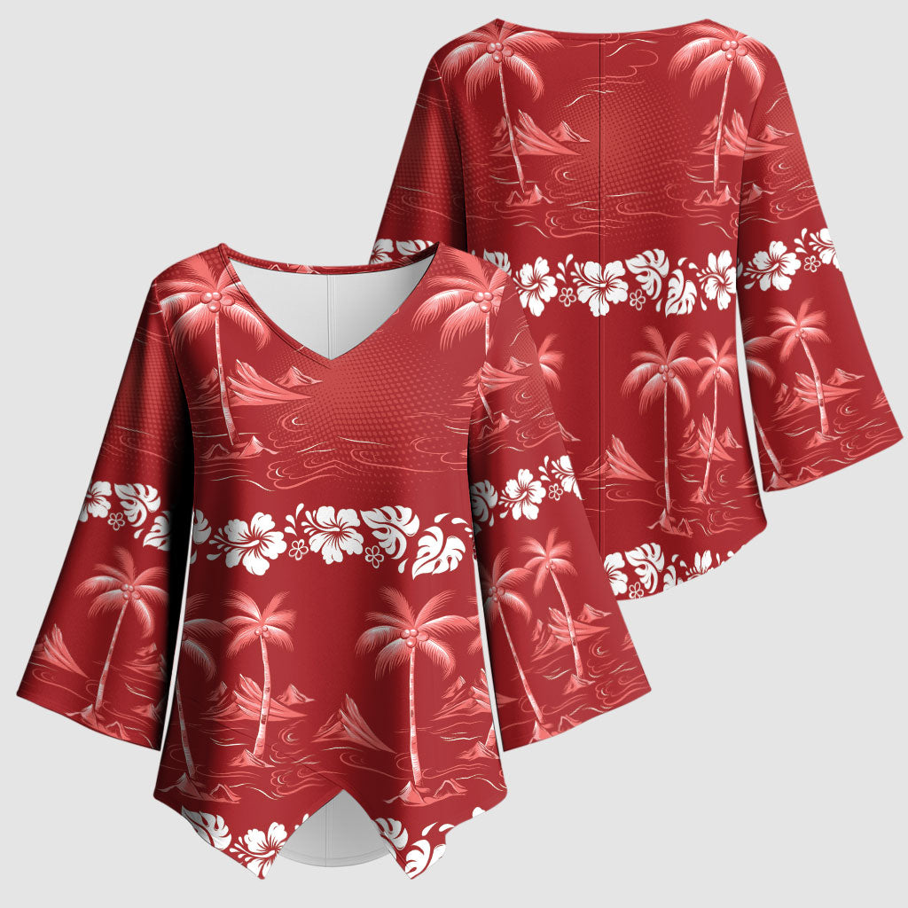 Red Hawaii Palm Tree Hibiscus Kimono Sleeve Blouse Fantasy Summer Vibe LT01 - Polynesian Pride