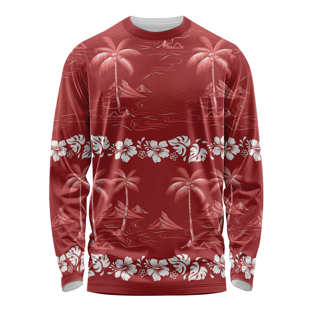 Red Hawaii Palm Tree Hibiscus Long Sleeve Shirt Fantasy Summer Vibe LT01 Unisex Red - Polynesian Pride
