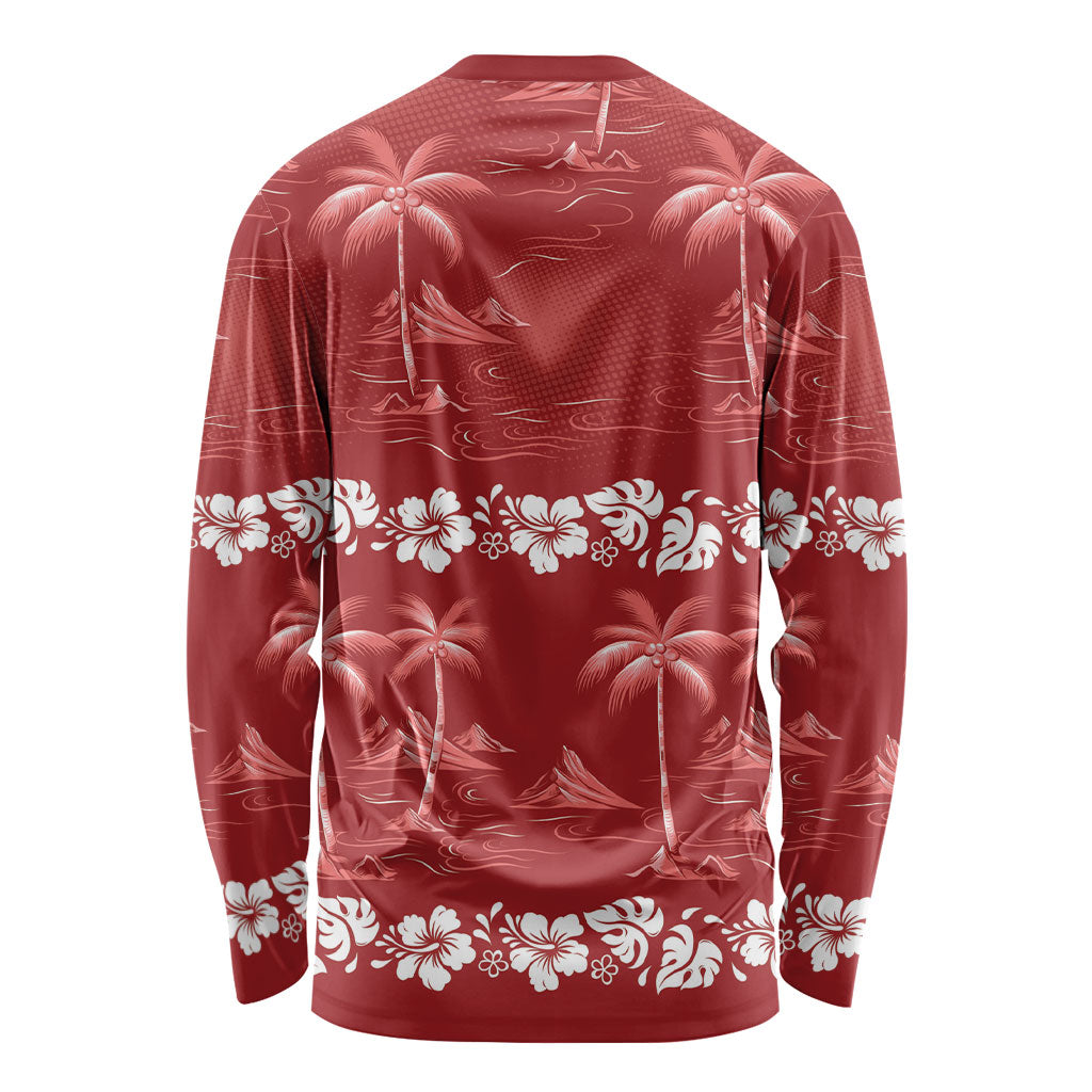 Red Hawaii Palm Tree Hibiscus Long Sleeve Shirt Fantasy Summer Vibe LT01 - Polynesian Pride