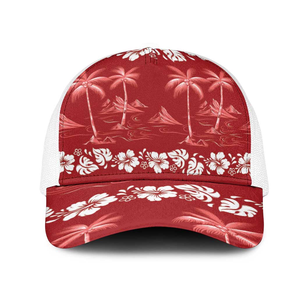 Red Hawaii Palm Tree Hibiscus Mesh Trucker Cap Fantasy Summer Vibe LT01 One Size White Red - Polynesian Pride