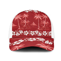 Red Hawaii Palm Tree Hibiscus Mesh Trucker Cap Fantasy Summer Vibe LT01 One Size White Red - Polynesian Pride