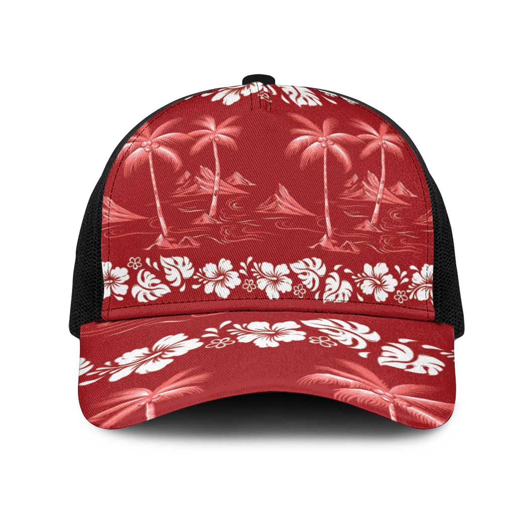 Red Hawaii Palm Tree Hibiscus Mesh Trucker Cap Fantasy Summer Vibe LT01 One Size Black Red - Polynesian Pride