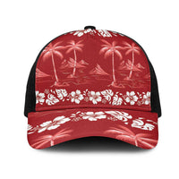 Red Hawaii Palm Tree Hibiscus Mesh Trucker Cap Fantasy Summer Vibe LT01 One Size Black Red - Polynesian Pride