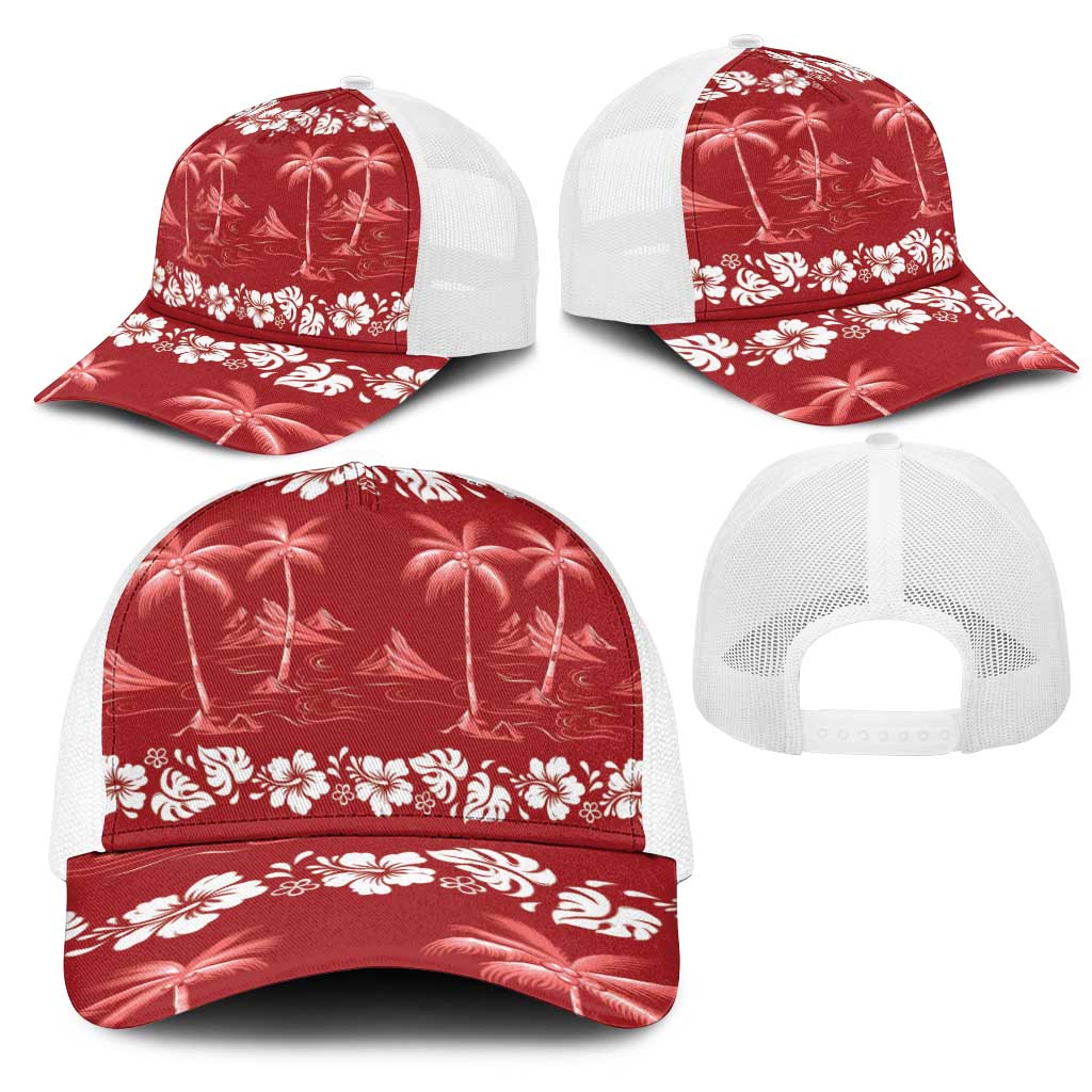 Red Hawaii Palm Tree Hibiscus Mesh Trucker Cap Fantasy Summer Vibe LT01 - Polynesian Pride