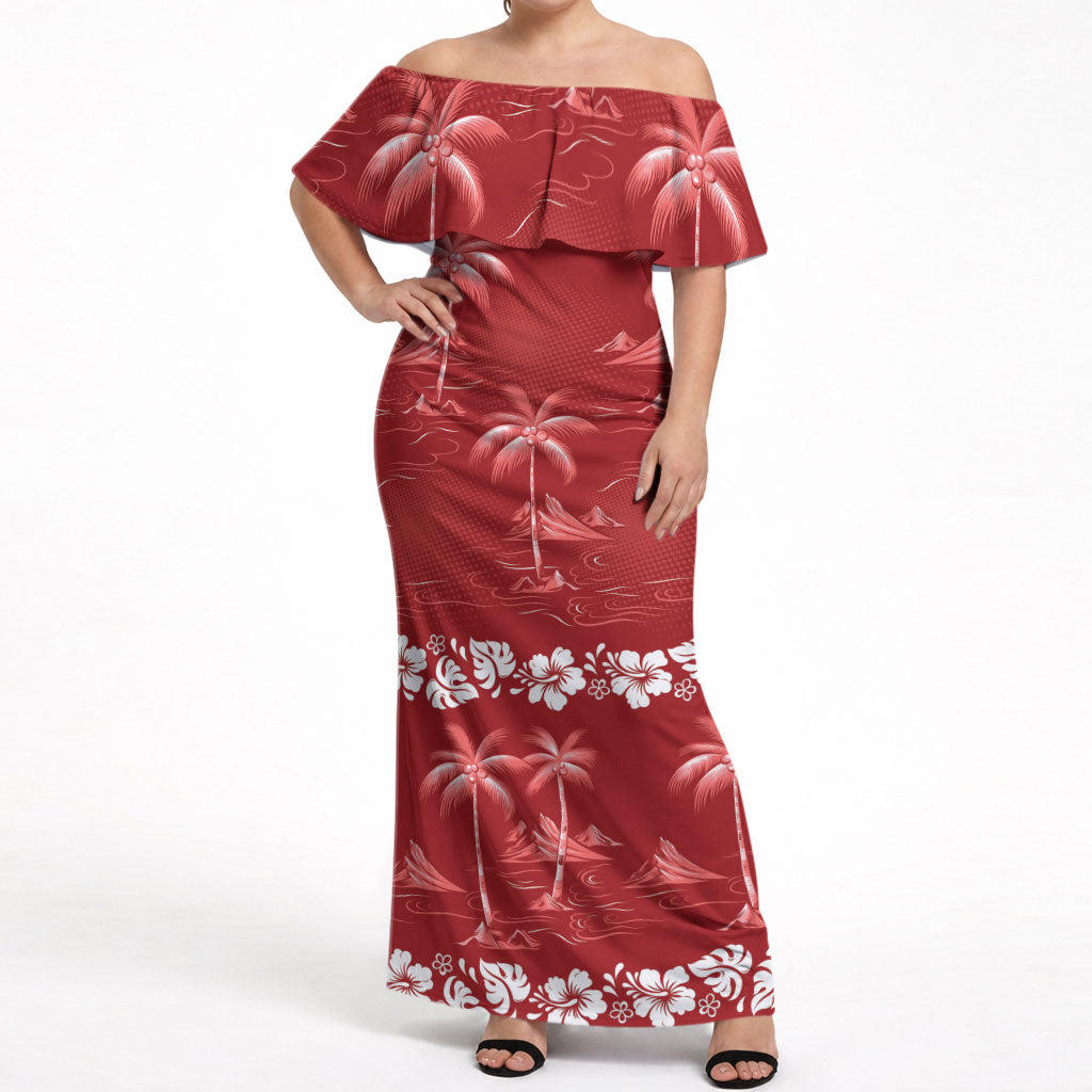 Red Hawaii Palm Tree Hibiscus Off Shoulder Maxi Dress Fantasy Summer Vibe LT01 Women Red - Polynesian Pride