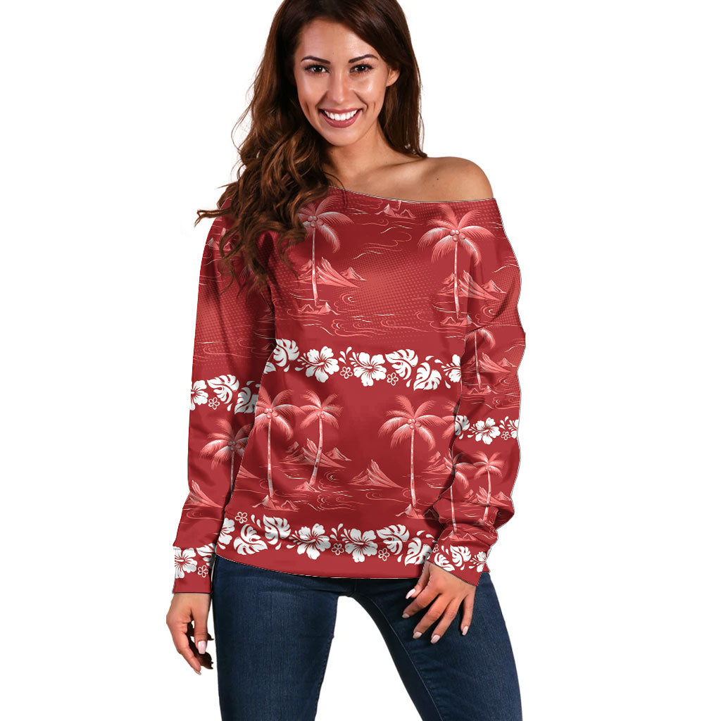 Red Hawaii Palm Tree Hibiscus Off Shoulder Sweater Fantasy Summer Vibe