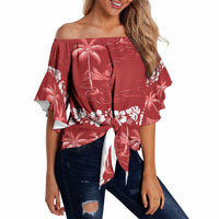 Red Hawaii Palm Tree Hibiscus Off Shoulder Wrap Waist Top Fantasy Summer Vibe LT01 Red - Polynesian Pride