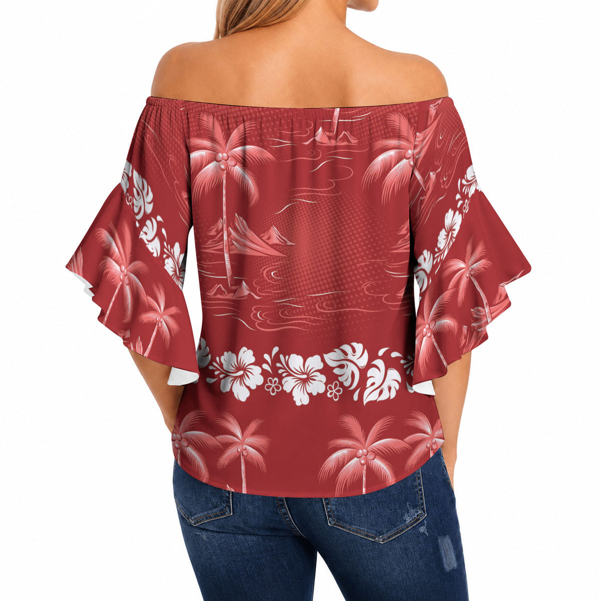 Red Hawaii Palm Tree Hibiscus Off Shoulder Wrap Waist Top Fantasy Summer Vibe LT01 - Polynesian Pride