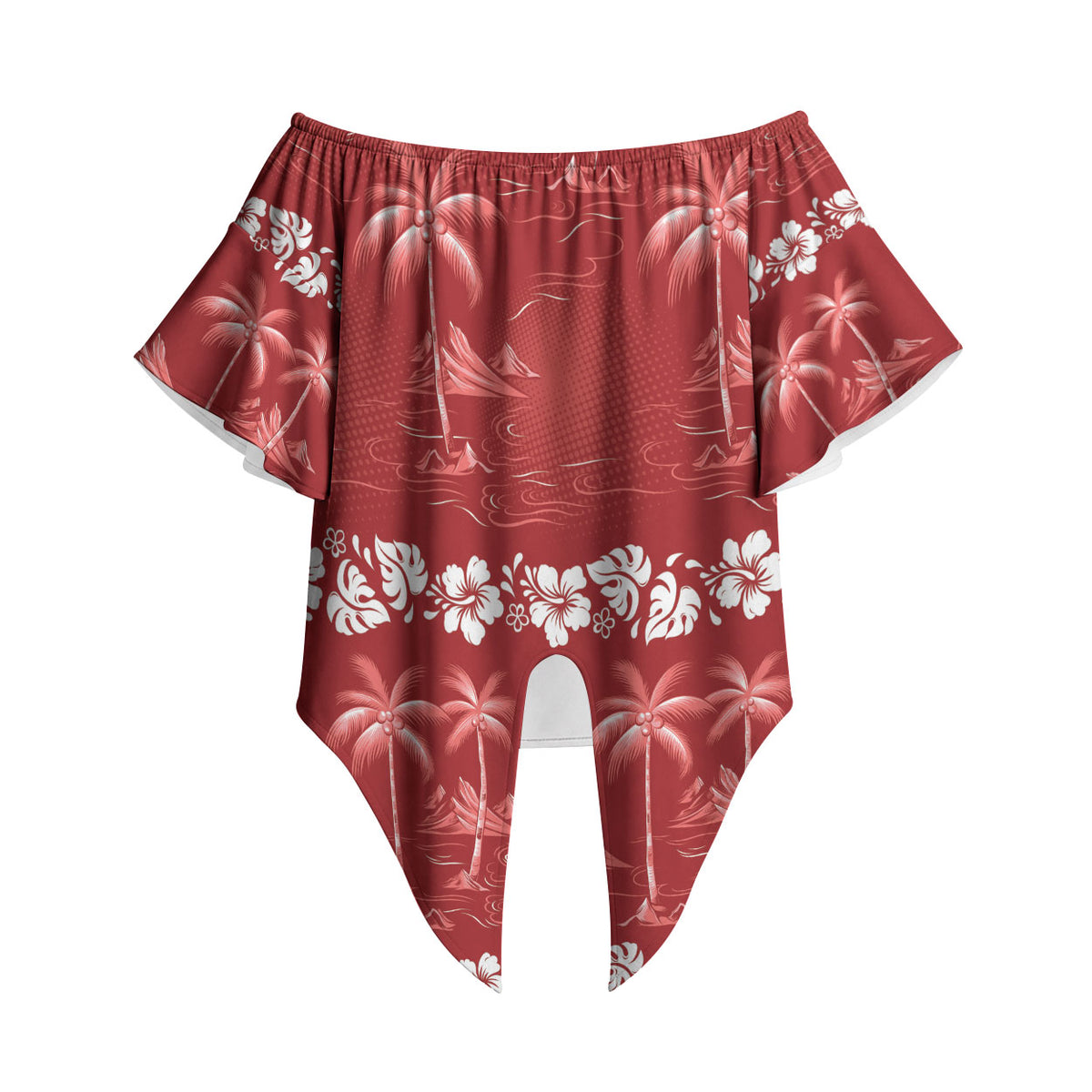 Red Hawaii Palm Tree Hibiscus Off Shoulder Wrap Waist Top Fantasy Summer Vibe LT01 - Polynesian Pride