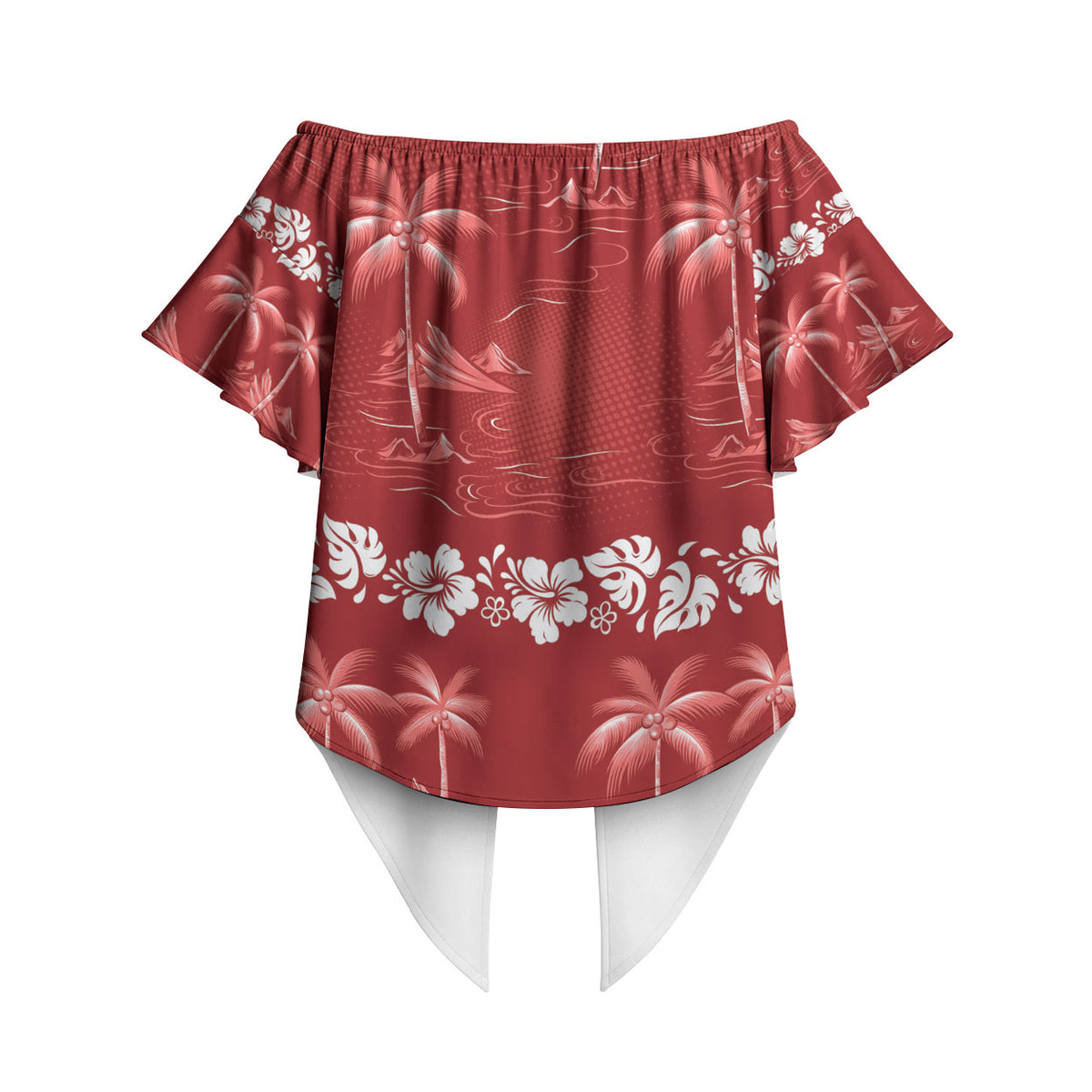 Red Hawaii Palm Tree Hibiscus Off Shoulder Wrap Waist Top Fantasy Summer Vibe LT01 - Polynesian Pride