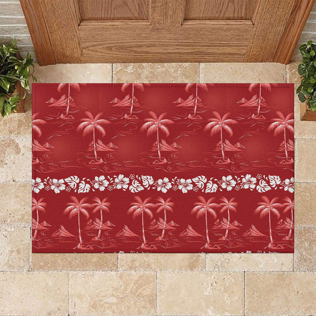 Red Hawaii Palm Tree Hibiscus Rubber Doormat Fantasy Summer Vibe LT01 Red - Polynesian Pride