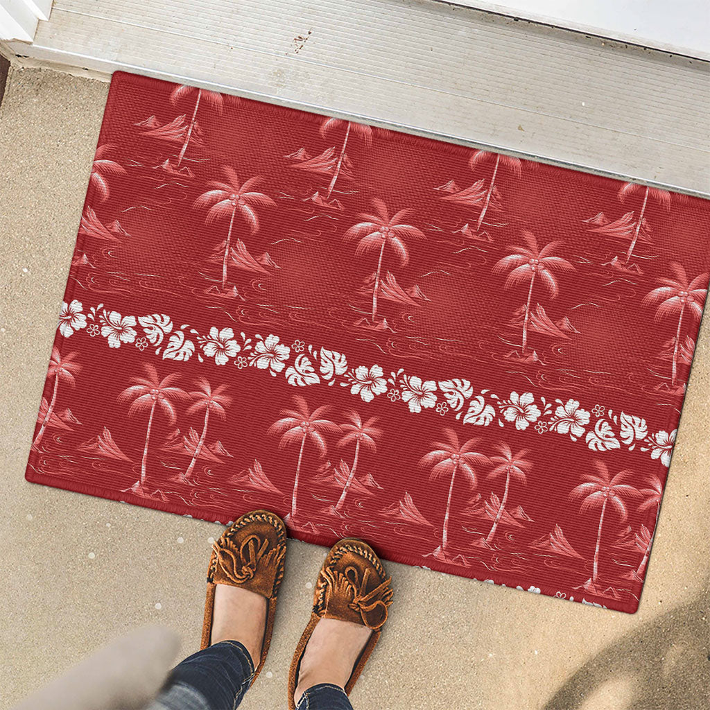 Red Hawaii Palm Tree Hibiscus Rubber Doormat Fantasy Summer Vibe LT01 - Polynesian Pride