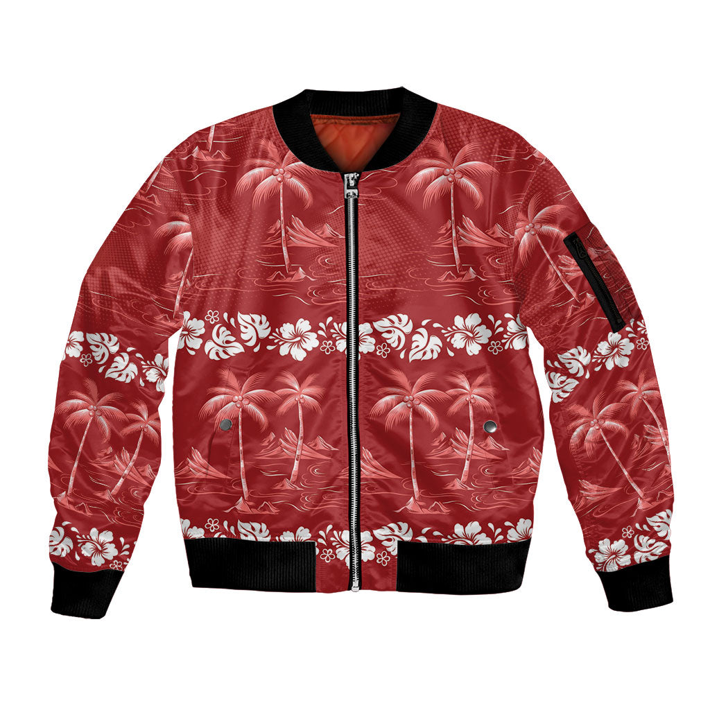 Red Hawaii Palm Tree Hibiscus Sleeve Zip Bomber Jacket Fantasy Summer Vibe LT01 Unisex Red - Polynesian Pride