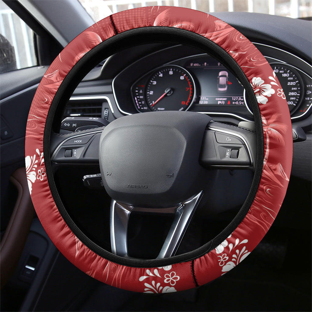 Red Hawaii Palm Tree Hibiscus Steering Wheel Cover Fantasy Summer Vibe LT01 - Polynesian Pride