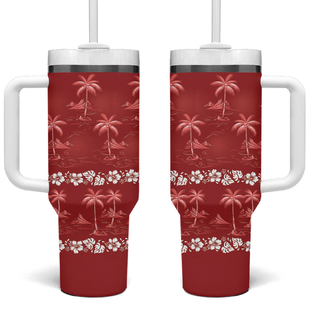 Red Hawaii Palm Tree Hibiscus Tumbler With Handle Fantasy Summer Vibe LT01 One Size: 40 oz Red - Polynesian Pride