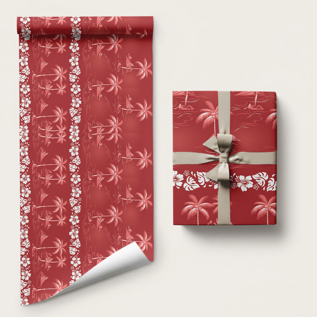 Red Hawaii Palm Tree Hibiscus Wrapping Paper Fantasy Summer Vibe LT01 58" × 23" Red - Polynesian Pride