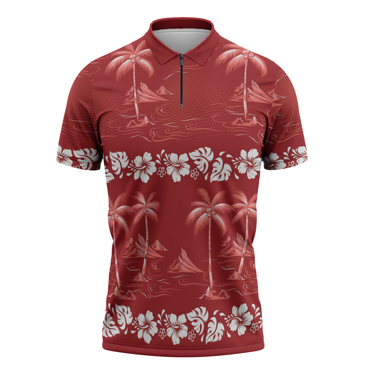 Red Hawaii Palm Tree Hibiscus Zipper Polo Shirt Fantasy Summer Vibe LT01 Red - Polynesian Pride