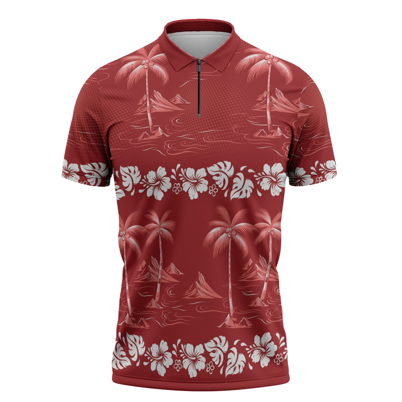 Red Hawaii Palm Tree Hibiscus Zipper Polo Shirt Fantasy Summer Vibe LT01 Red - Polynesian Pride