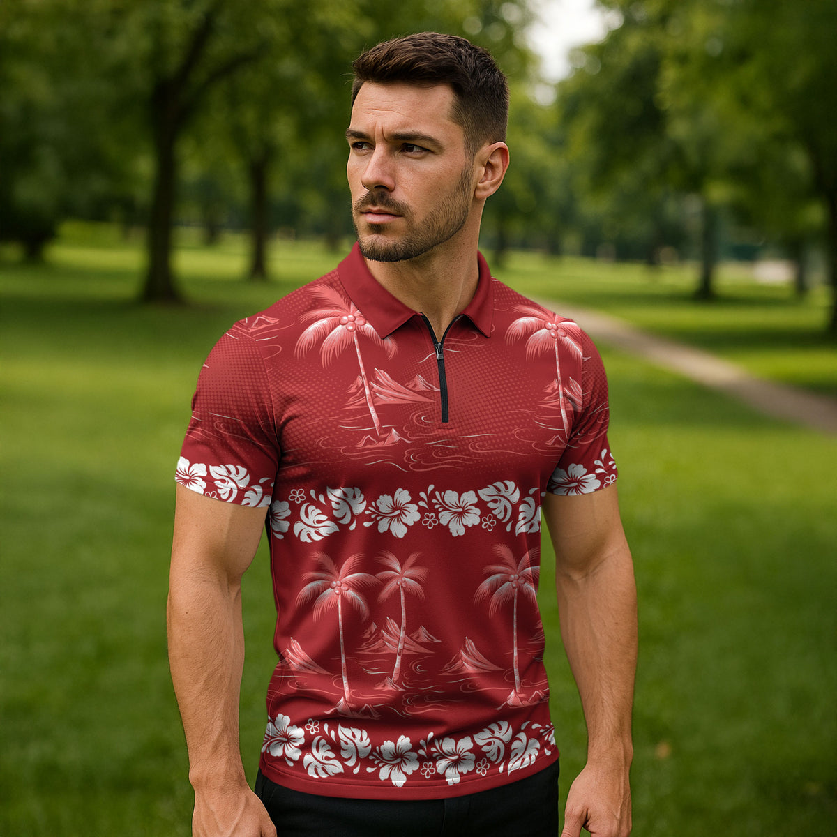 Red Hawaii Palm Tree Hibiscus Zipper Polo Shirt Fantasy Summer Vibe LT01 - Polynesian Pride