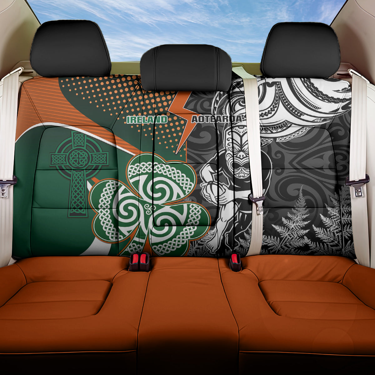 New Zealand and Ireland Rugby Back Car Seat Cover Silver Fern With Shamrock 2023 World Cup