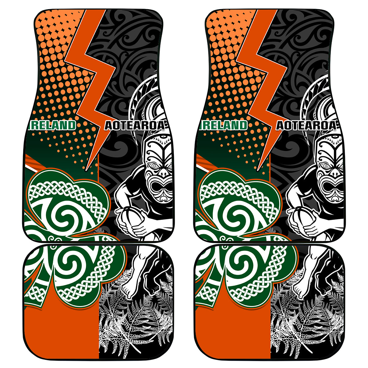 New Zealand and Ireland Rugby Car Mats Silver Fern With Shamrock 2023 World Cup LT01 Art - Polynesian Pride