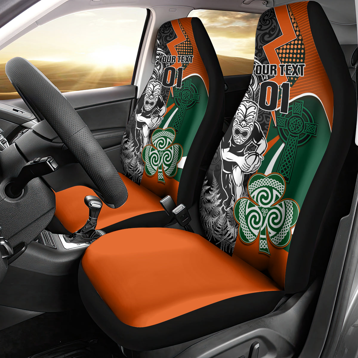 New Zealand and Ireland Rugby Car Seat Cover Silver Fern With Shamrock 2023 World Cup LT01 - Polynesian Pride