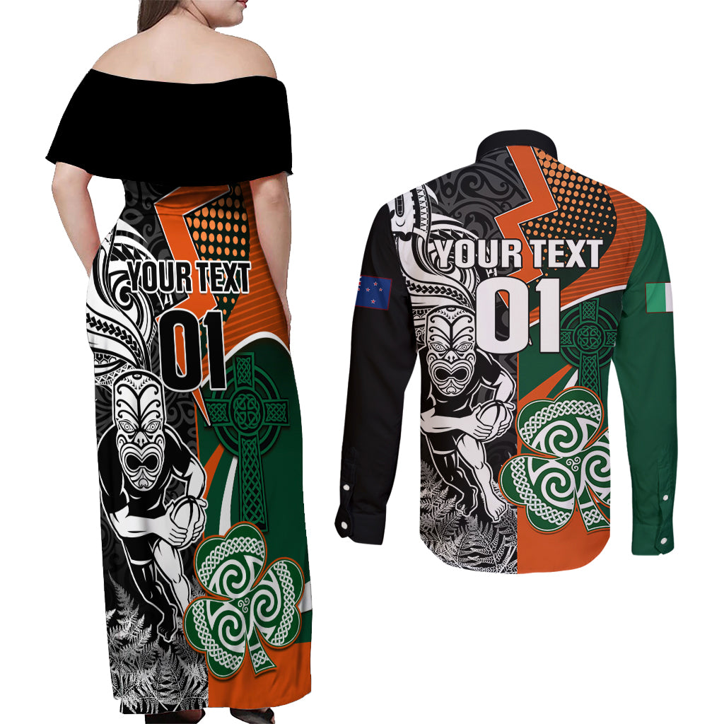 New Zealand and Ireland Rugby Couples Matching Off Shoulder Maxi Dress and Long Sleeve Button Shirts Silver Fern With Shamrock 2023 World Cup LT01 - Polynesian Pride