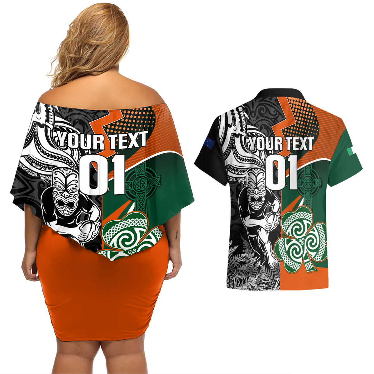 New Zealand and Ireland Rugby Couples Matching Off Shoulder Short Dress and Hawaiian Shirt Silver Fern With Shamrock 2023 World Cup LT01 - Polynesian Pride